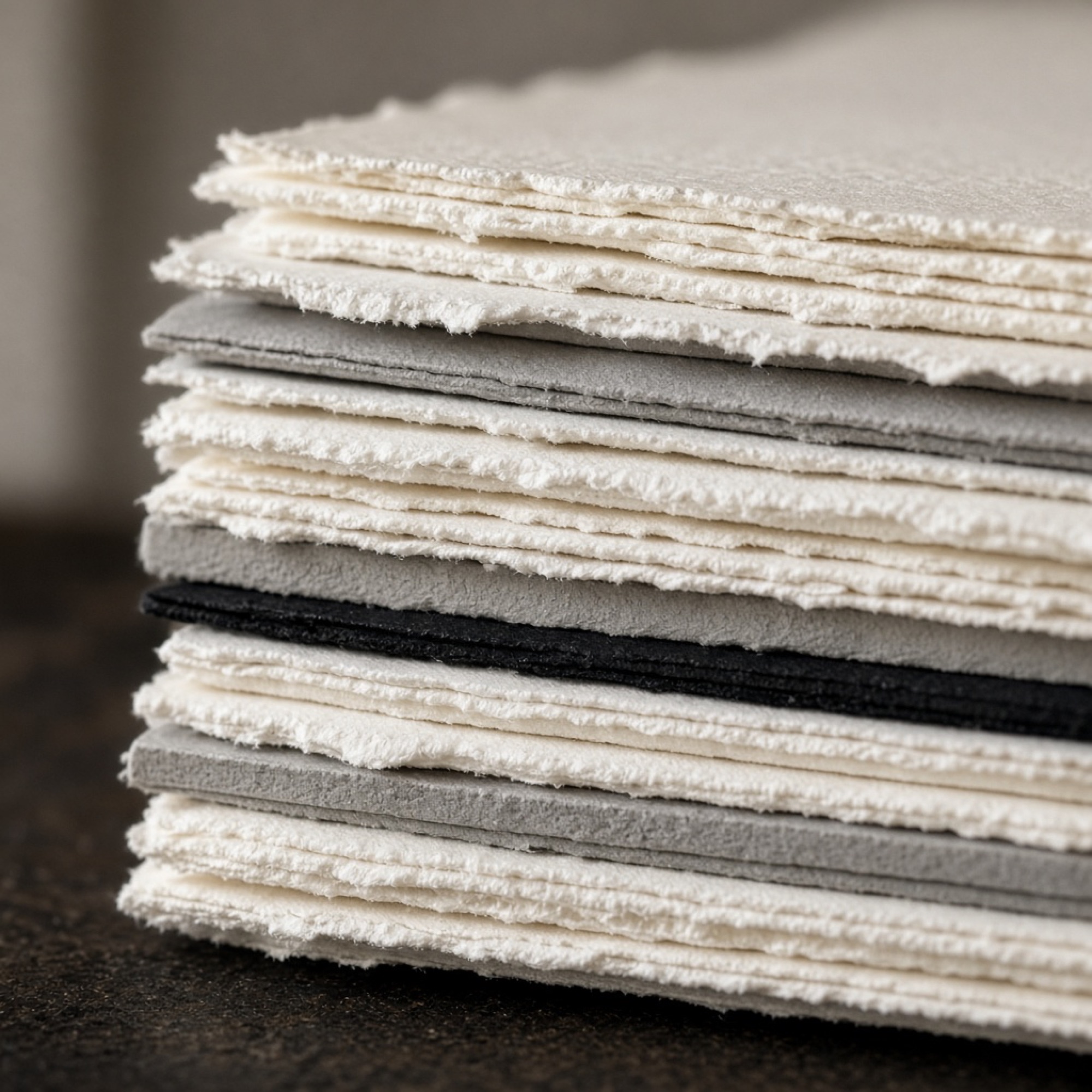 Stack of deckled cotton paper and grey board
